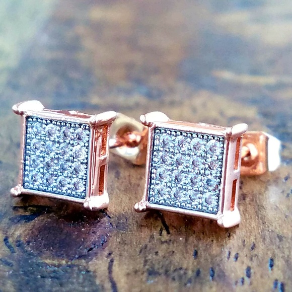 14k Rose Gold Plated Square 32 Stone Earrings - Picture 2 of 3